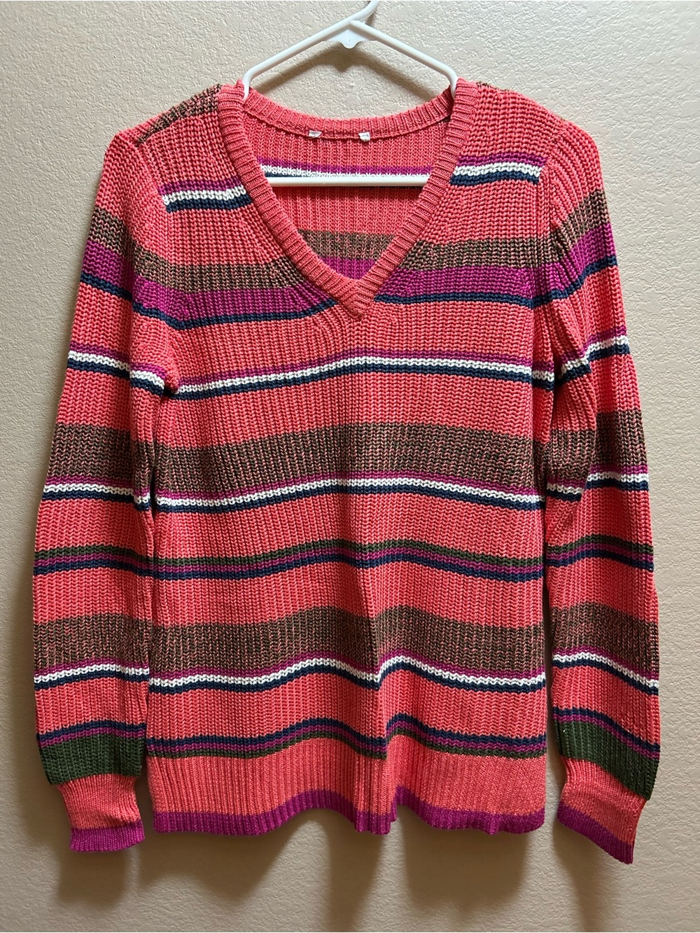QVC Coral, Green, Navy, and Purple Striped V-Neck Sweater